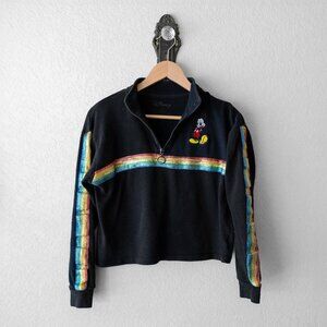 Disney Overised Small 1/4 Zip Rainbow Stripe Mickey Cropped Sweatshirt